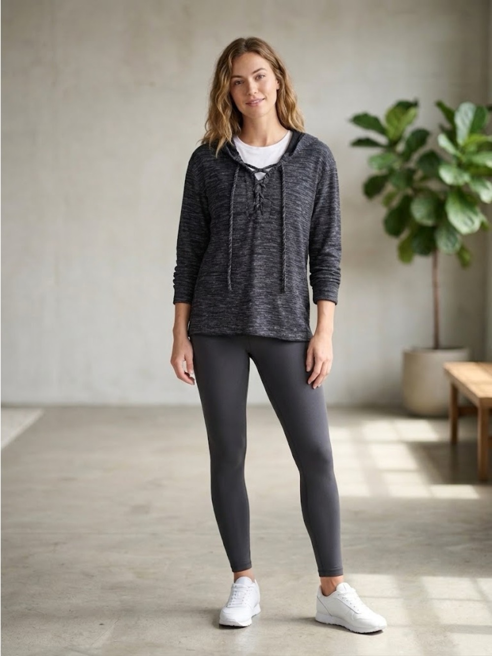 Cloth & Stone Anthropologie Heathered Black Lace Up Hoodie S